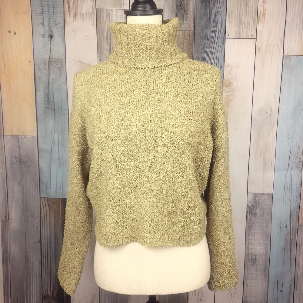 Urban Outfitters Fuzzy Plush Turtleneck Sweater Bell Sleeves Olive Green Size XS - Picture 2 of 8